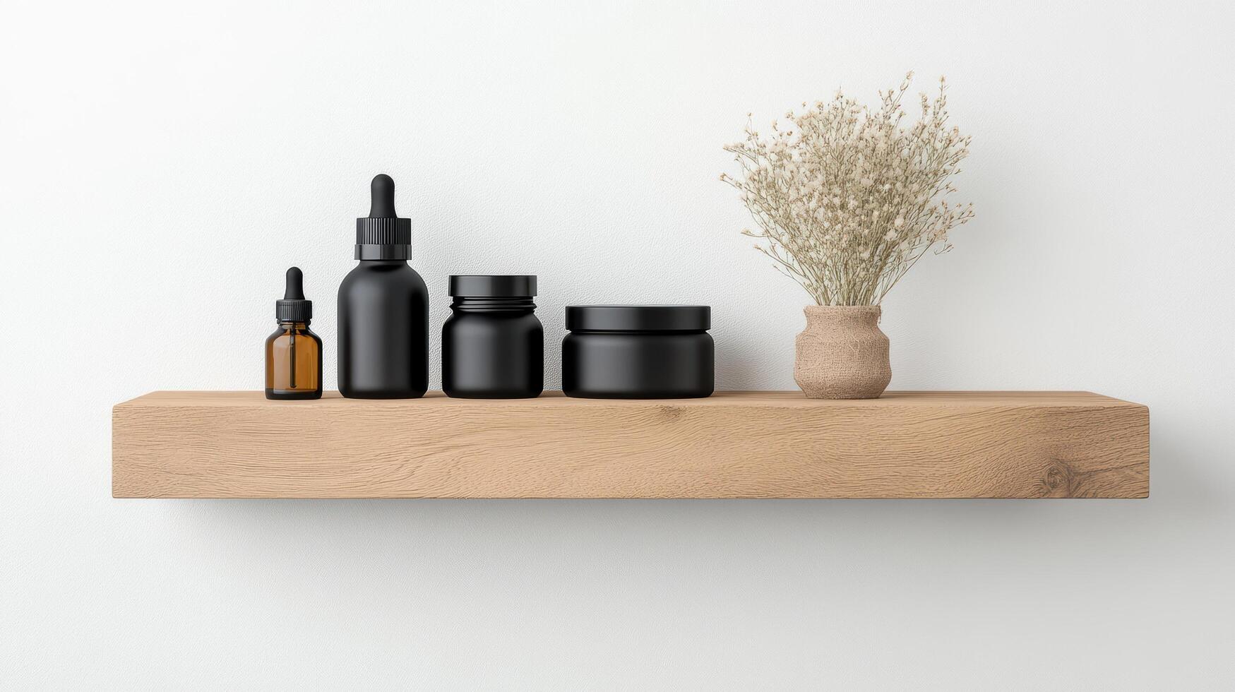Wooden shelves with cosmetic products and dried flowers photo