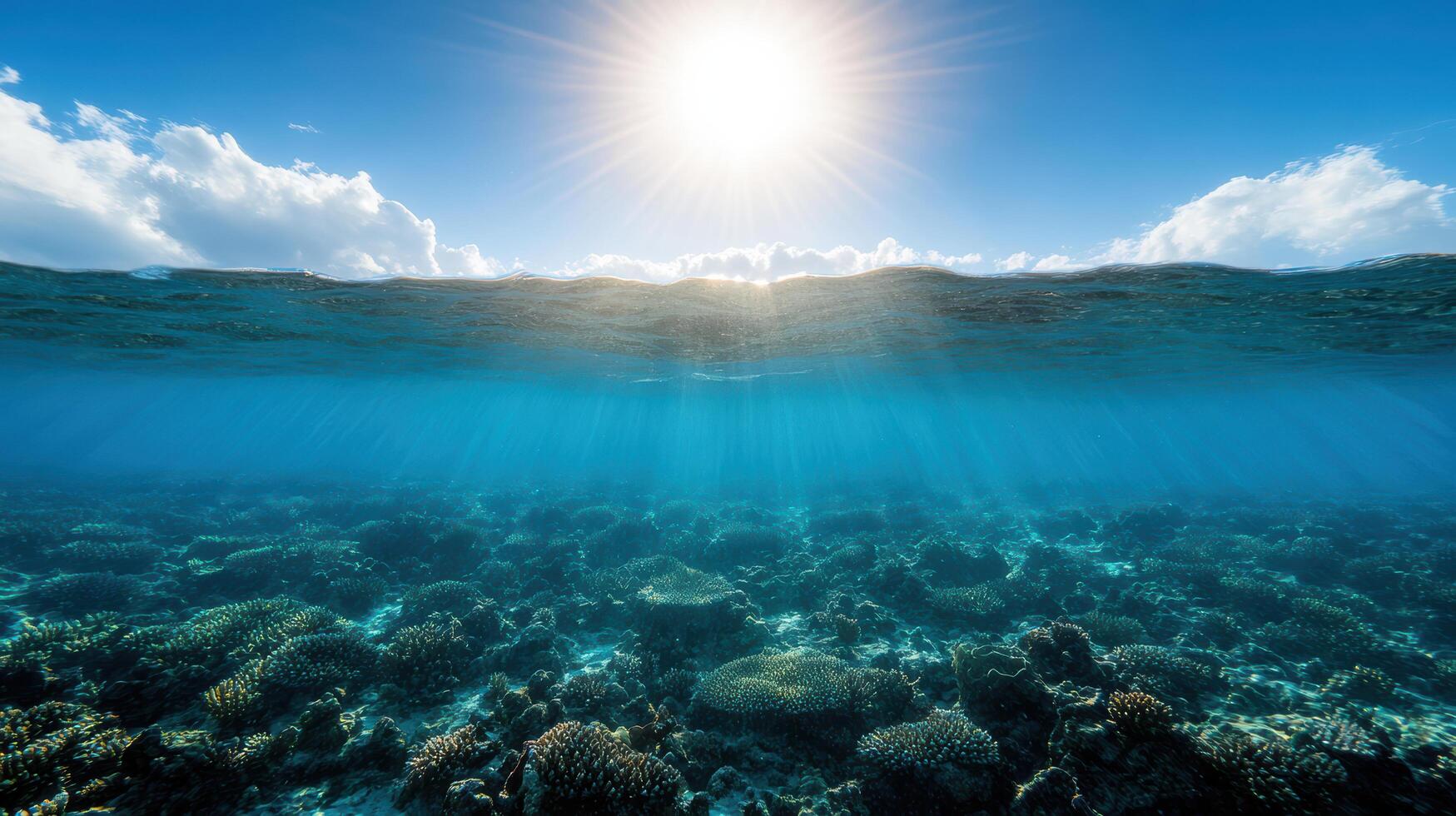 The sun shines over the ocean and coral reefs photo