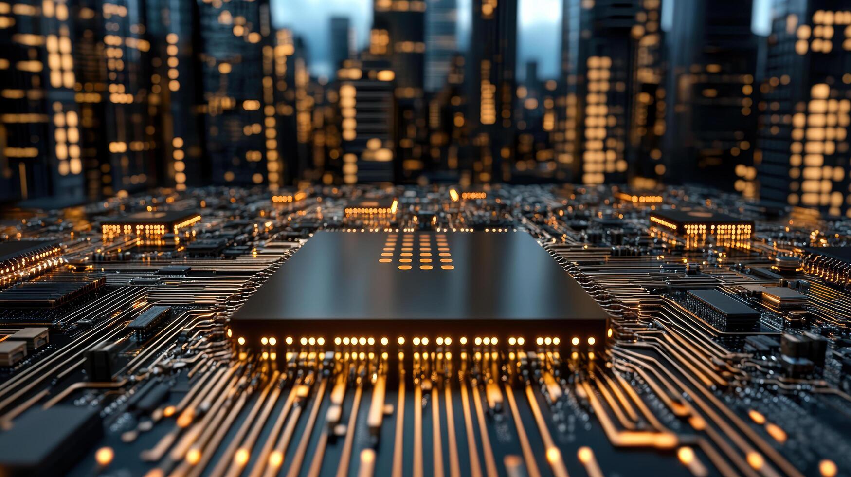 A computer chip on a cityscape background photo