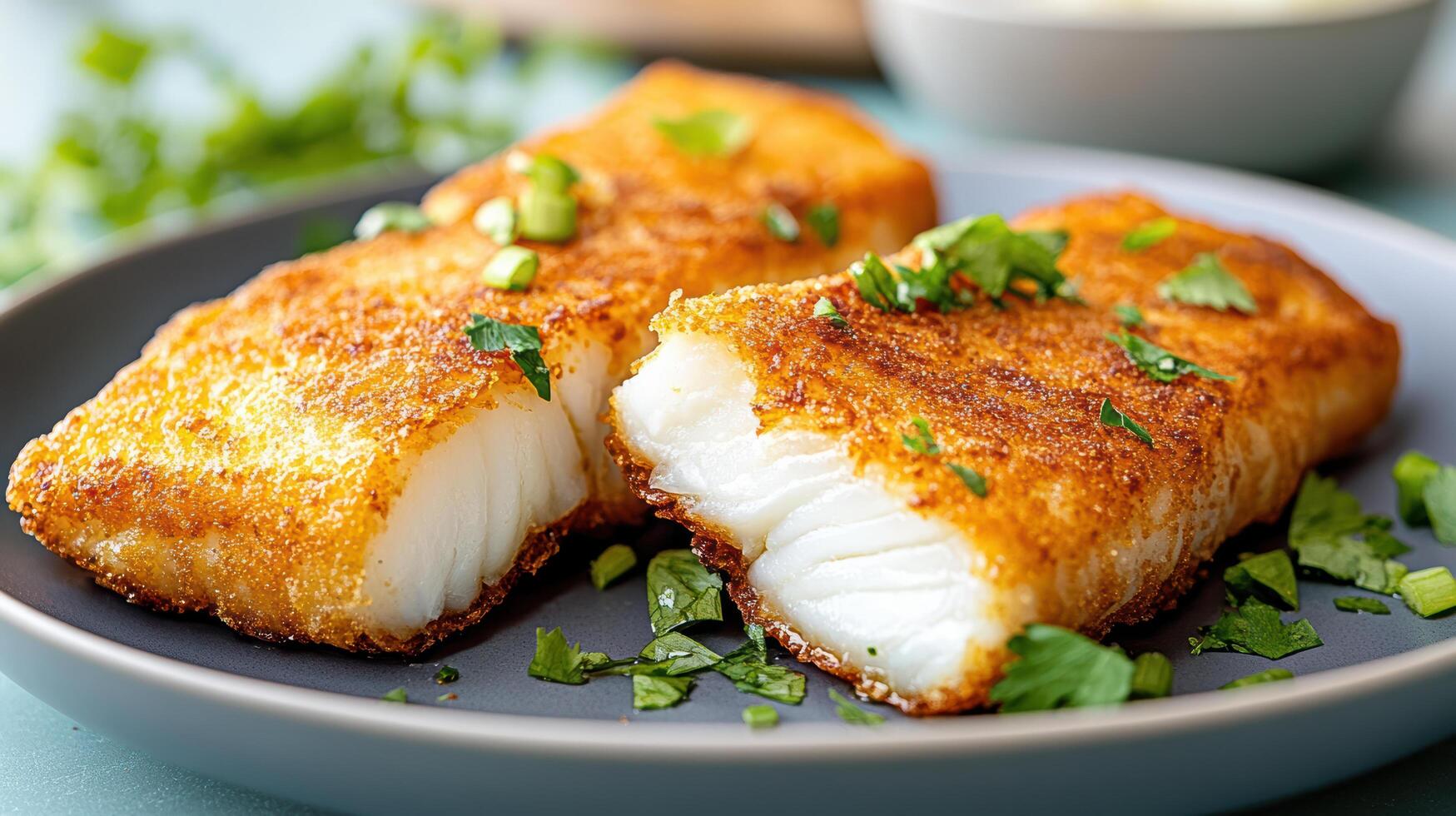 Two fish fillets on a plate with a side of sauce photo