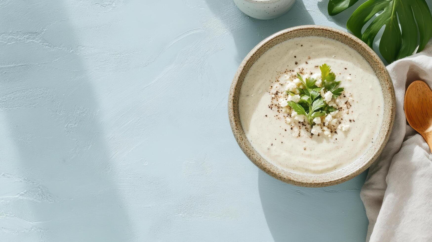 A bowl of creamy soup with a spoon and a leaf on a blue background photo