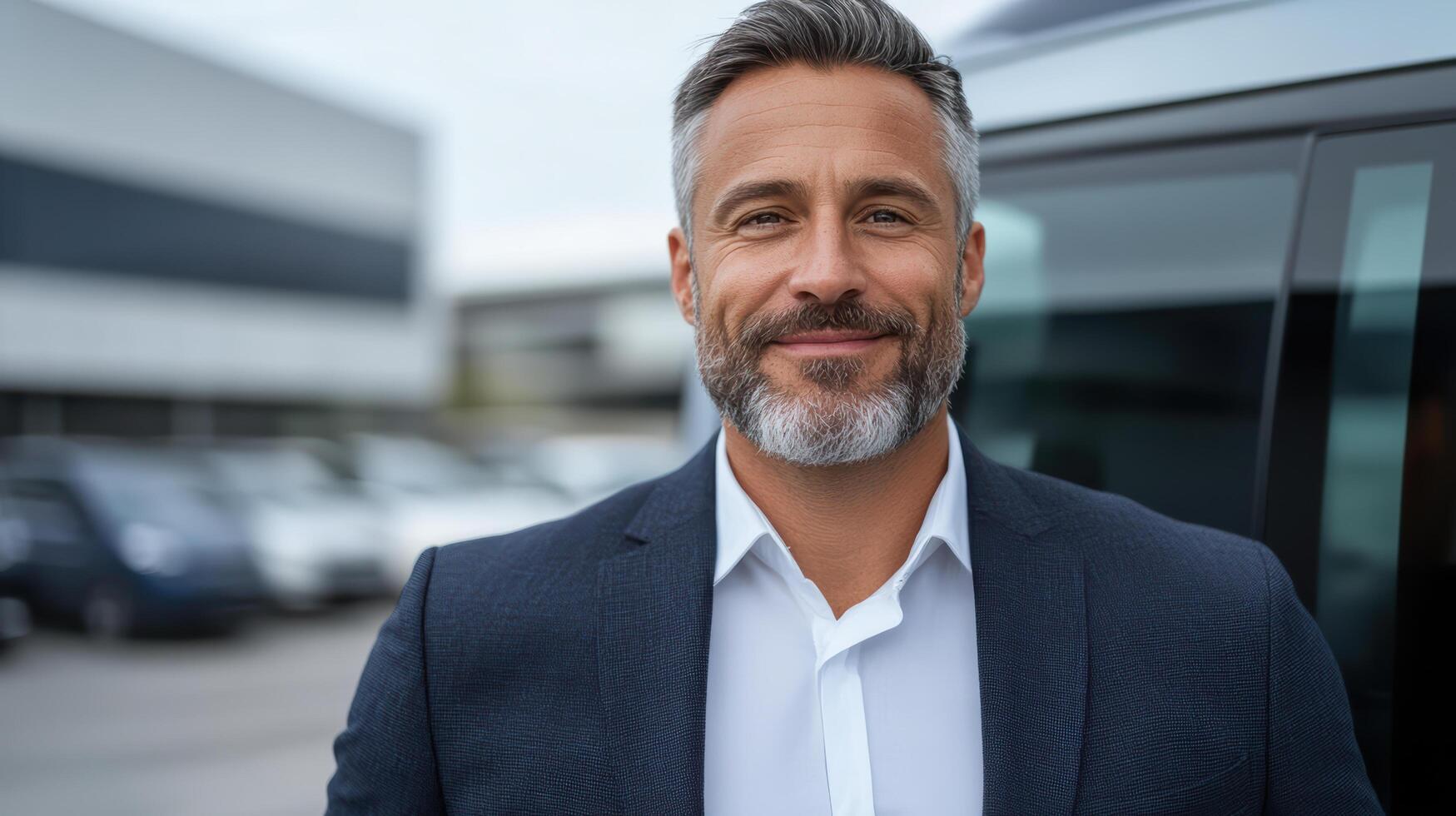 A man with a beard and a suit standing in front of a car photo