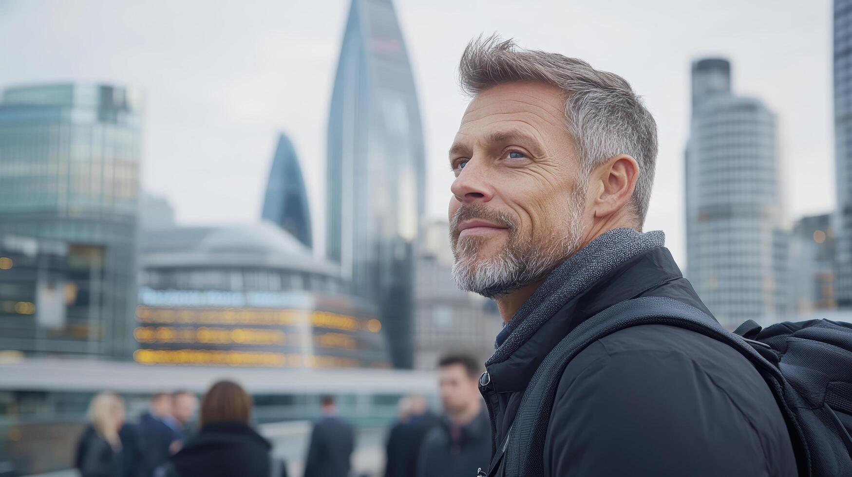 A man with a beard and a backpack standing in front of a city skyline photo