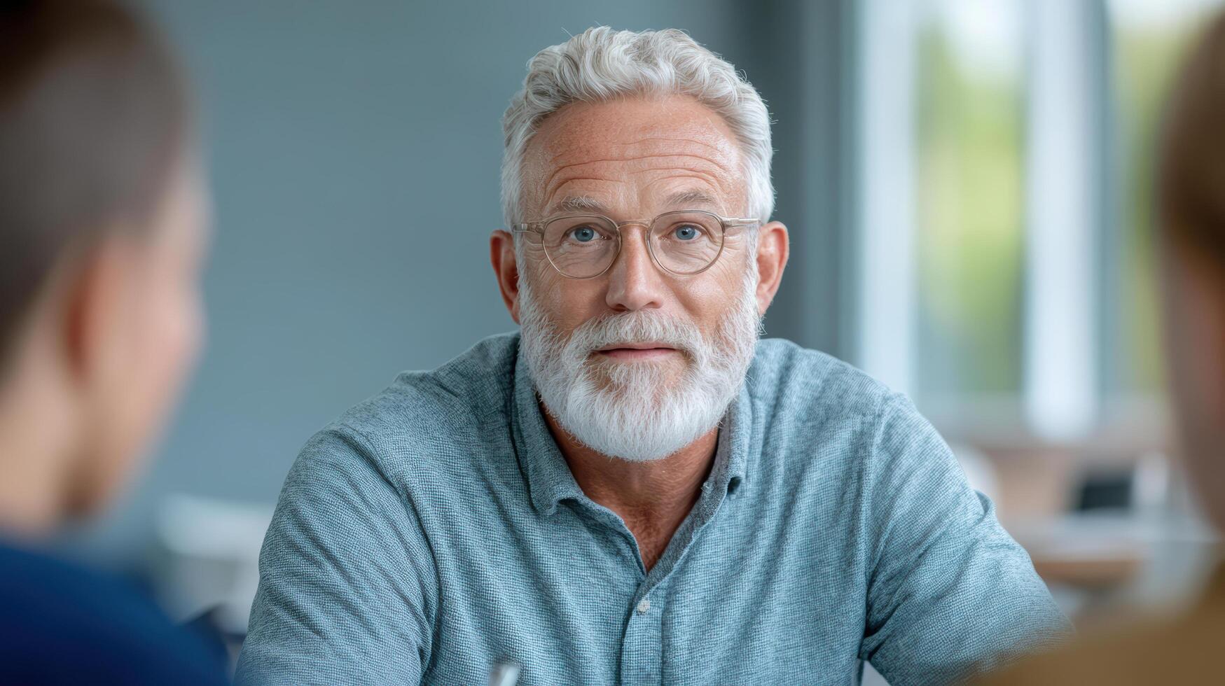 An older man with glasses and beard sitting at a table photo