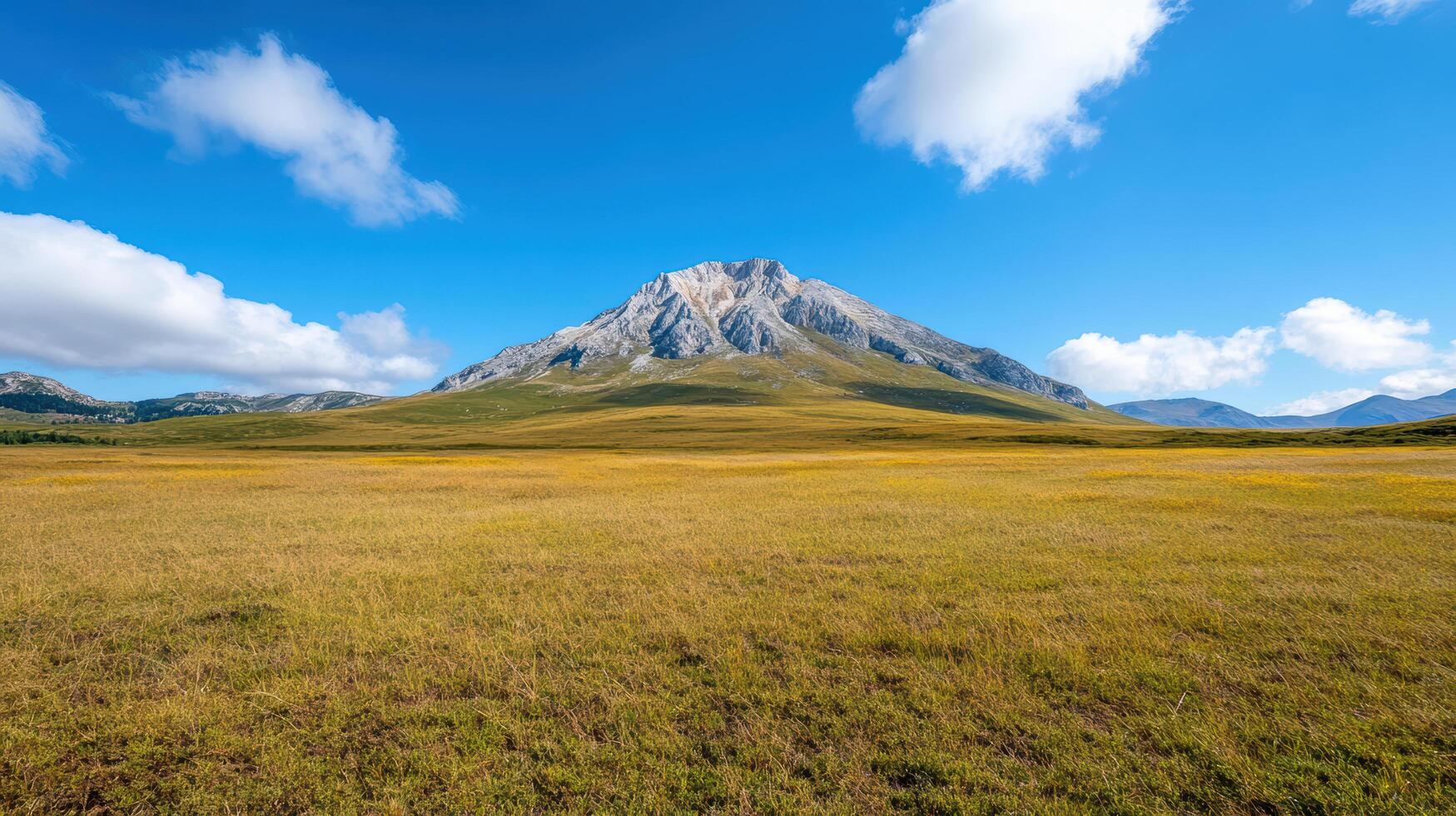 A mountain range with a grassy field and a mountain in the background photo