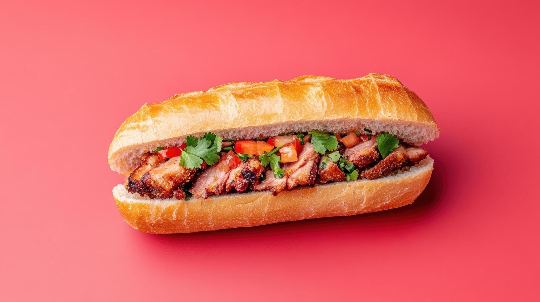 A sandwich with meat and vegetables on a red background photo