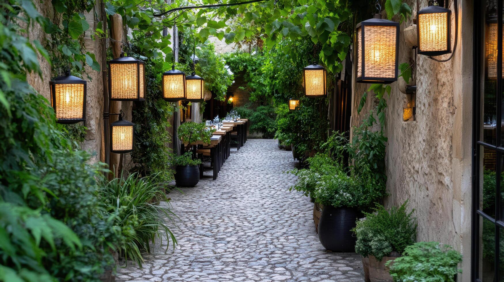A narrow alleyway with lanterns hanging from the walls photo