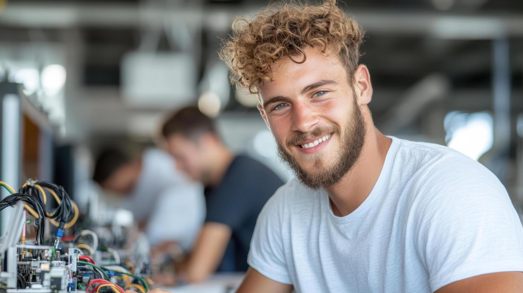 A man with curly hair is smiling while working on electronics photo