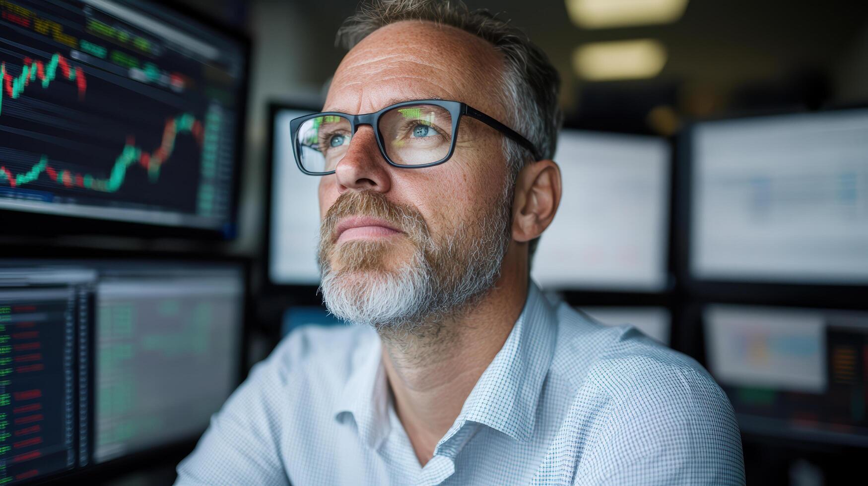 A man in glasses looking at stock market charts photo