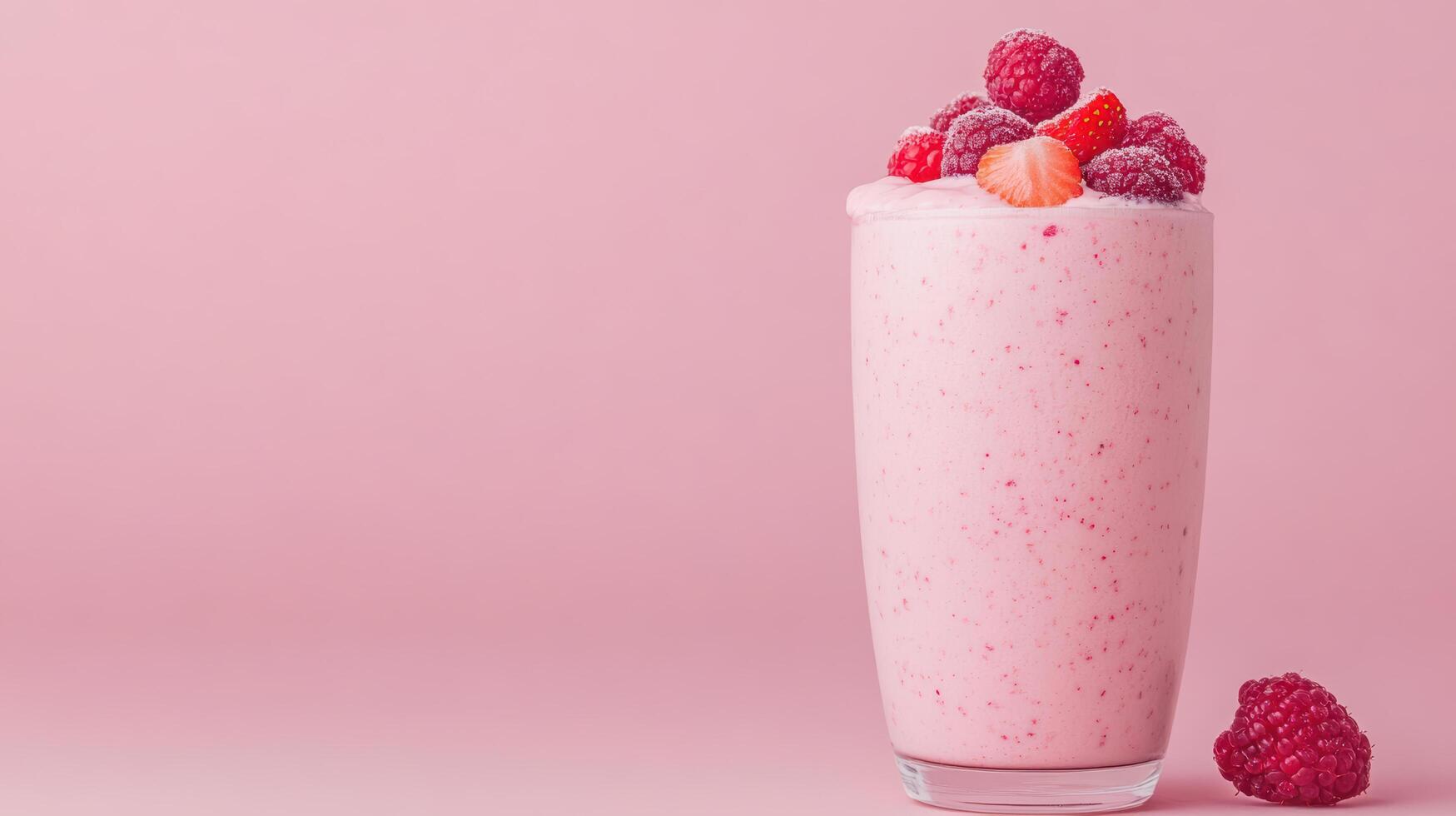 A smoothie with strawberries and raspberries on a pink background photo