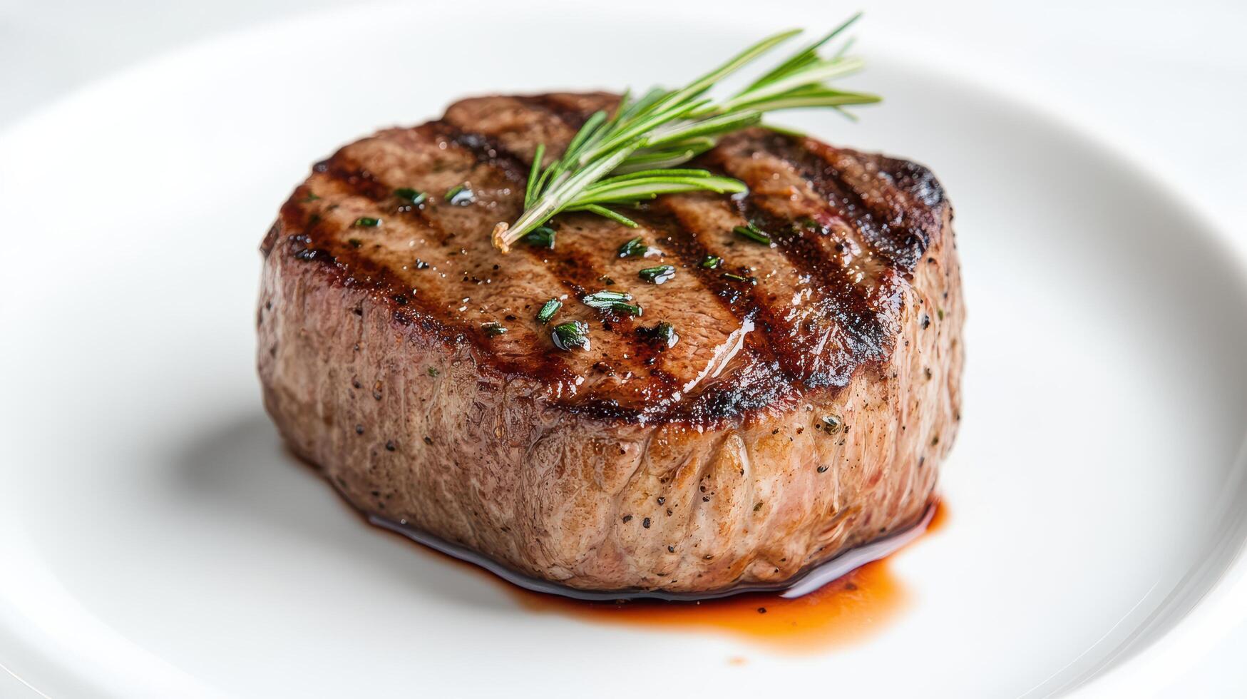 A steak on a white plate with a sprig of rosemary photo