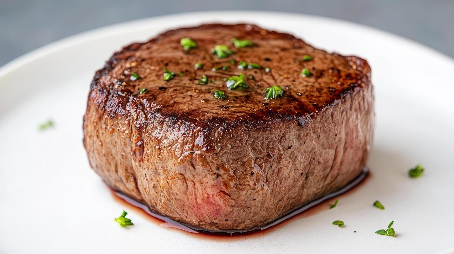 A steak is shown on a white plate photo