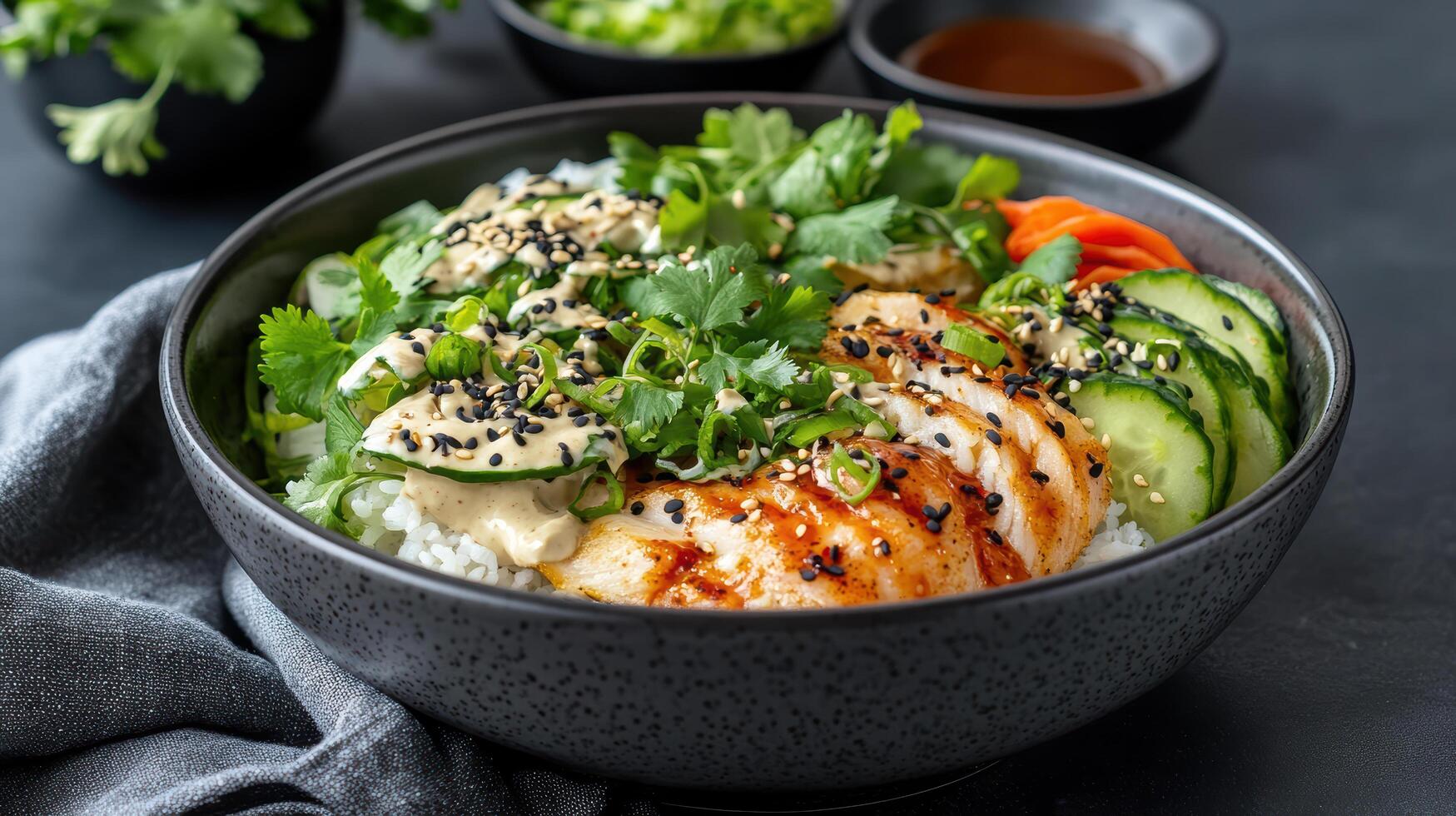 A bowl of rice with chicken, vegetables and cucumbers photo