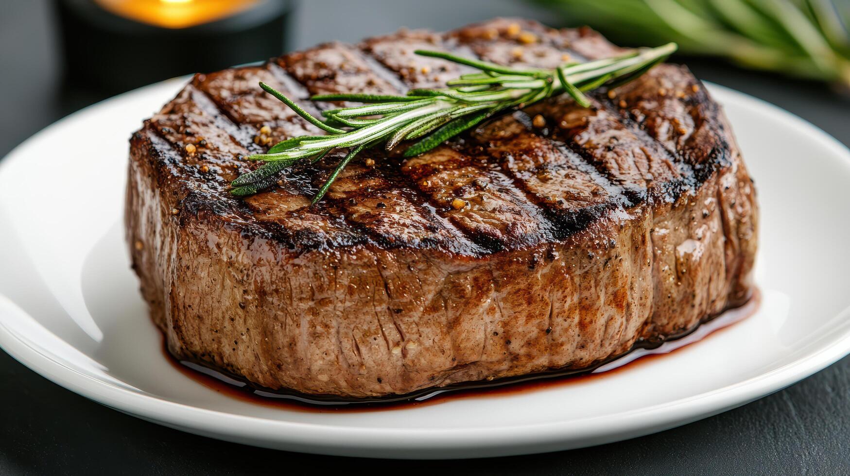 A steak is on a white plate with a sprig of rosemary photo