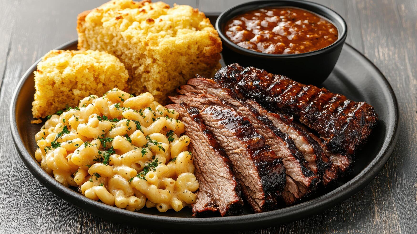 A plate of food with meat, macaroni and cheese and a side dish photo