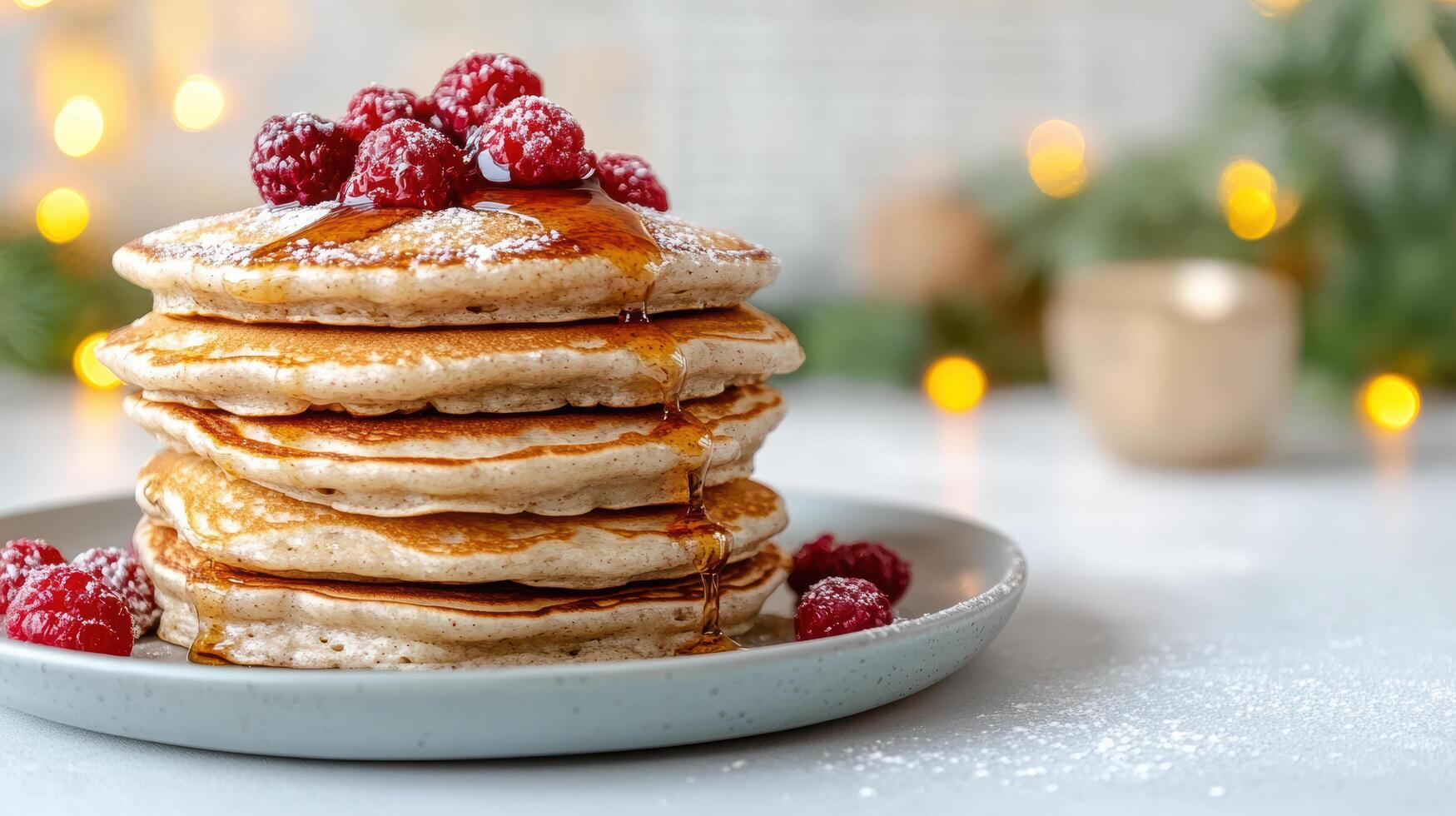 Pancakes with syrup and raspberries on a plate photo