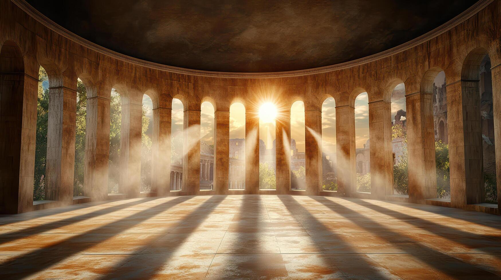 Sunlight shining through the arches of a building photo