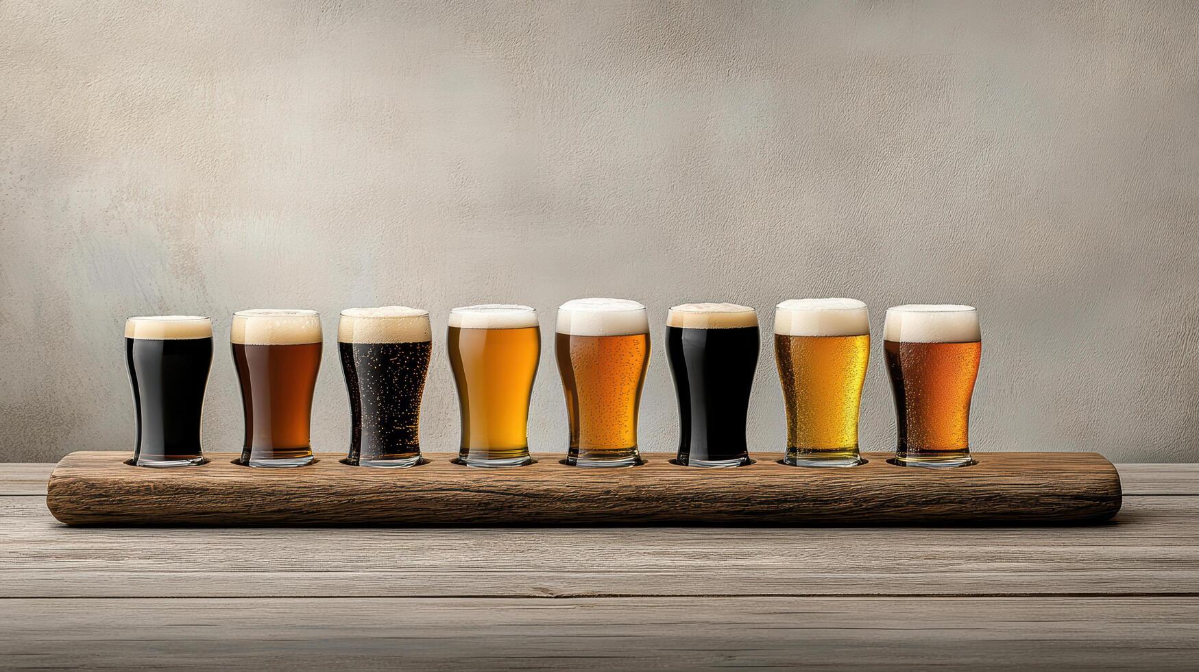 A row of beer glasses on a wooden table photo