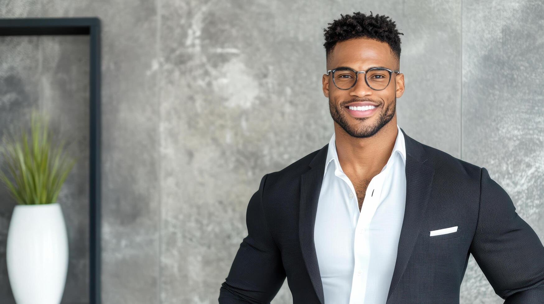 A man in a suit and glasses standing in front of a wall photo