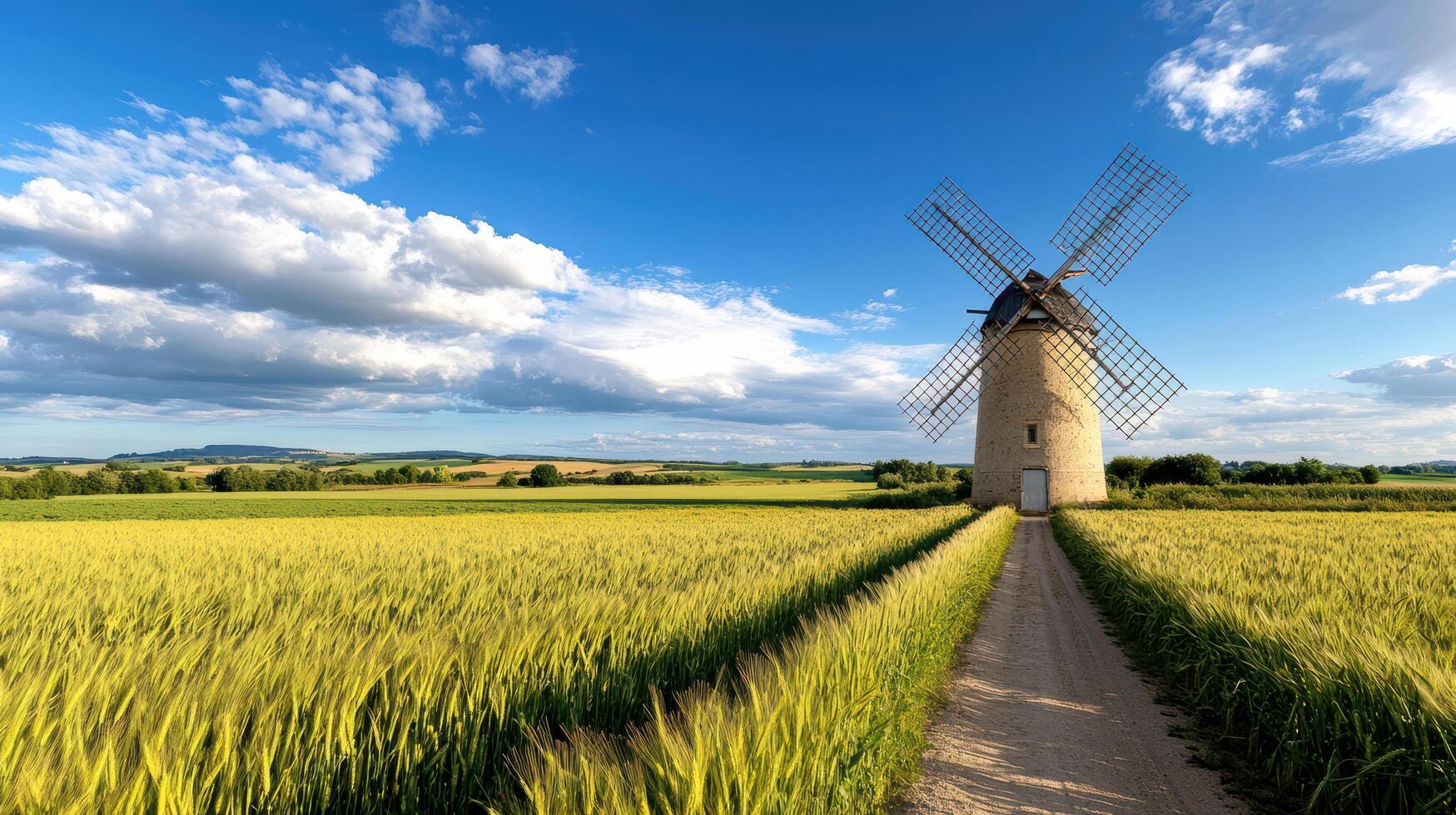 A path leading to a windmill in a field photo