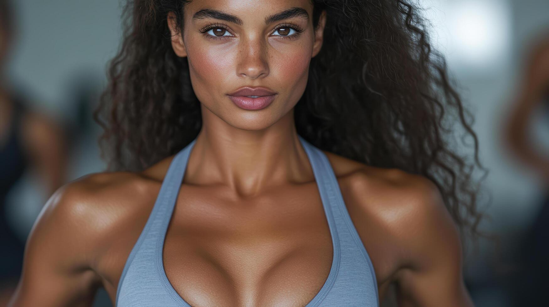 A woman with a big chest and a group of women behind her photo