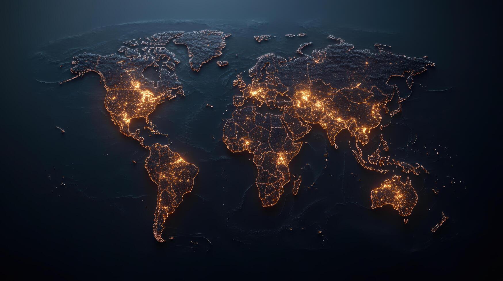 The world map is shown in glowing orange light photo
