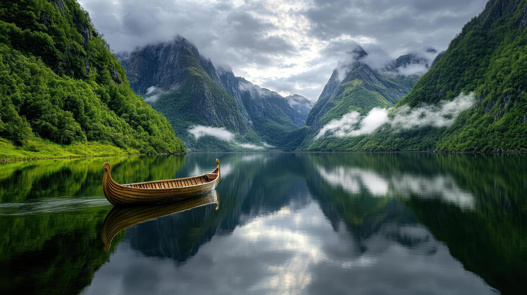 A boat is floating in a lake surrounded by mountains photo