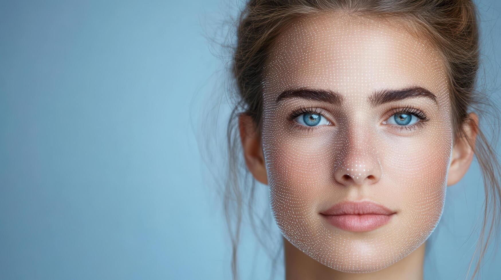 A woman with blue eyes and a mesh face photo