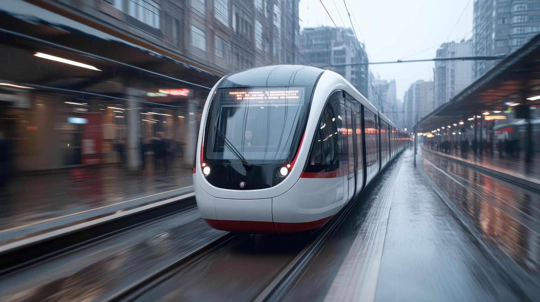 A train is moving down the tracks in a city photo