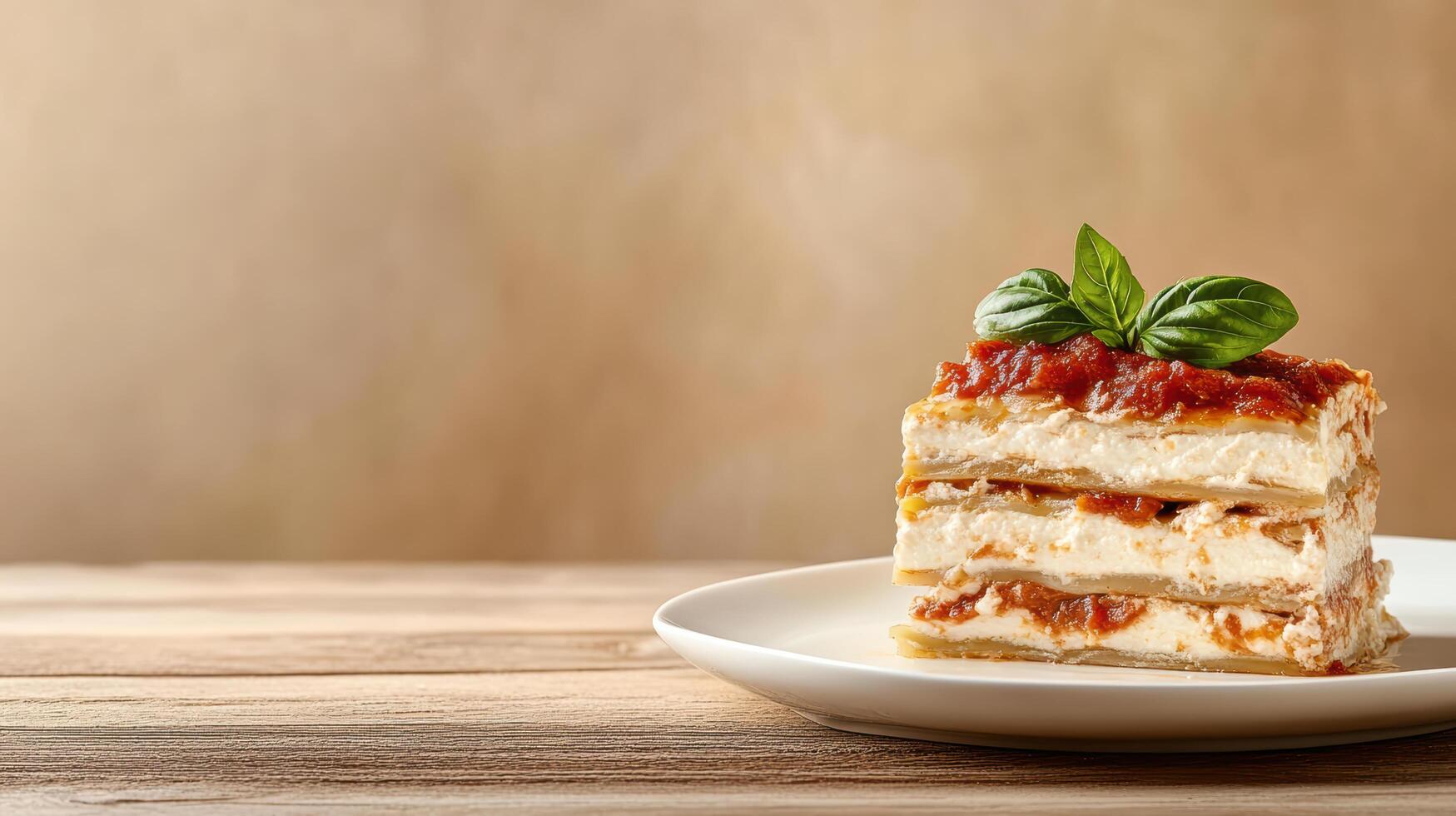 A piece of lasagna on a plate with a leaf photo