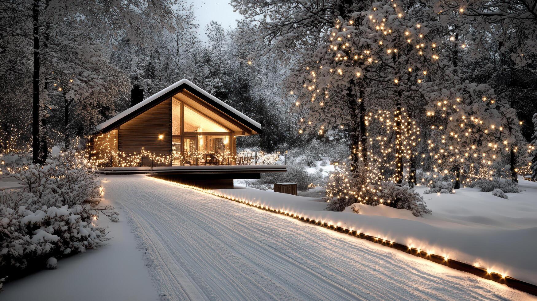 A cabin in the snow with lights on the path photo