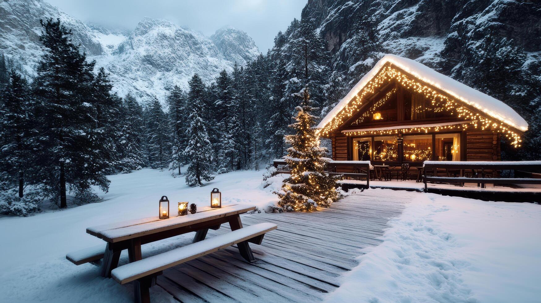 A cabin in the snow with a table and benches photo