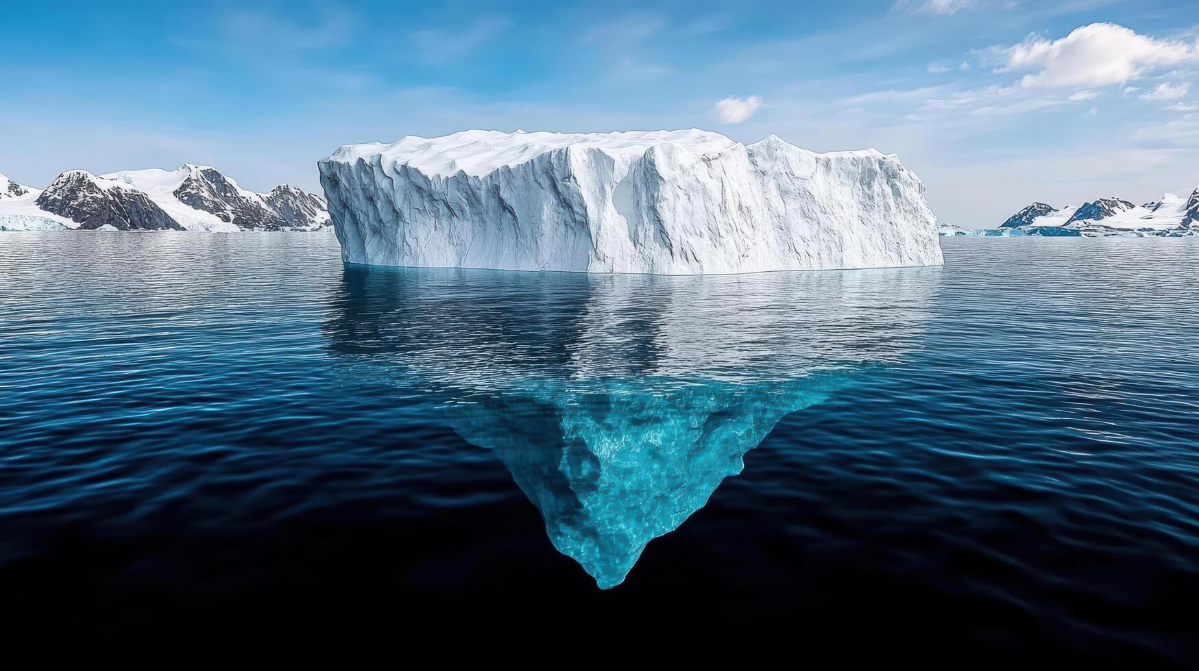An iceberg floating in the ocean with mountains in the background photo