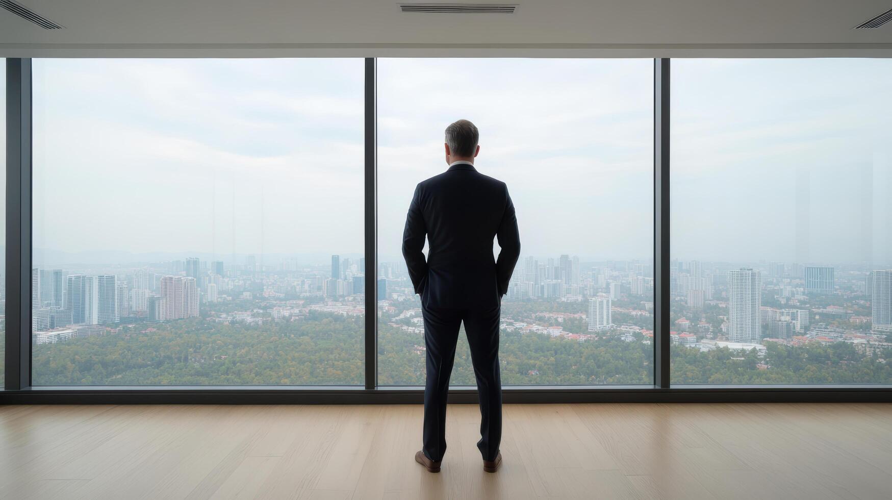 Businessman looking out of large window at cityscape photo