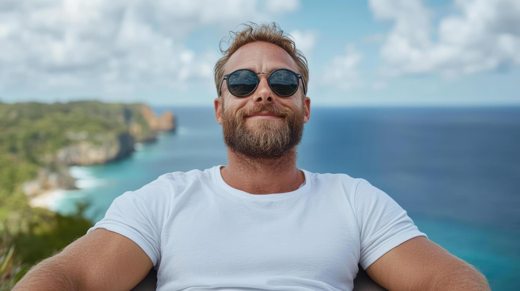 A man with sunglasses and a beard sitting on a chair with the ocean in the background photo