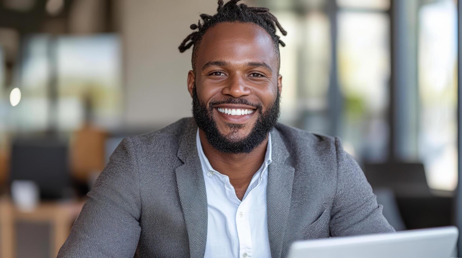 A smiling black man with dreadlocks sitting at a table with a laptop photo