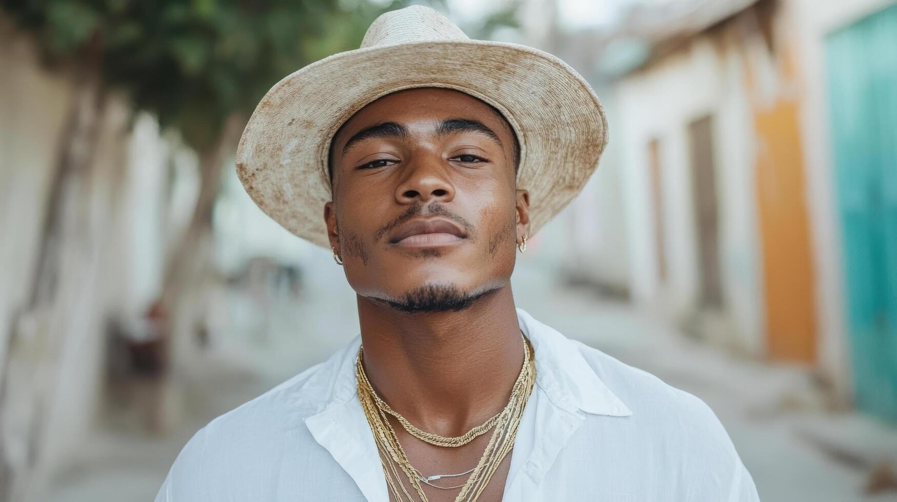 A man wearing a hat and a white shirt photo