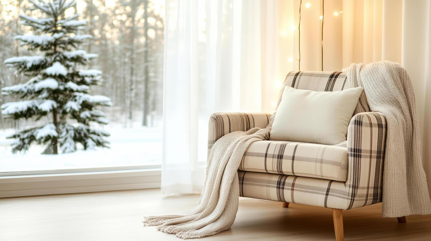 A chair and blanket in front of a window with snow outside photo