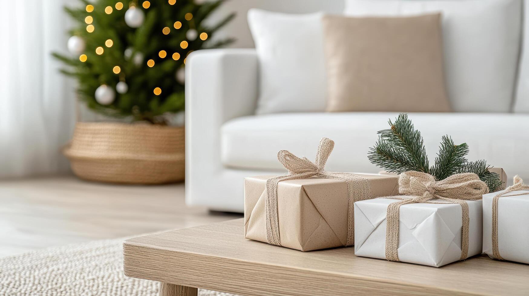 Three wrapped presents on a coffee table in front of a christmas tree photo