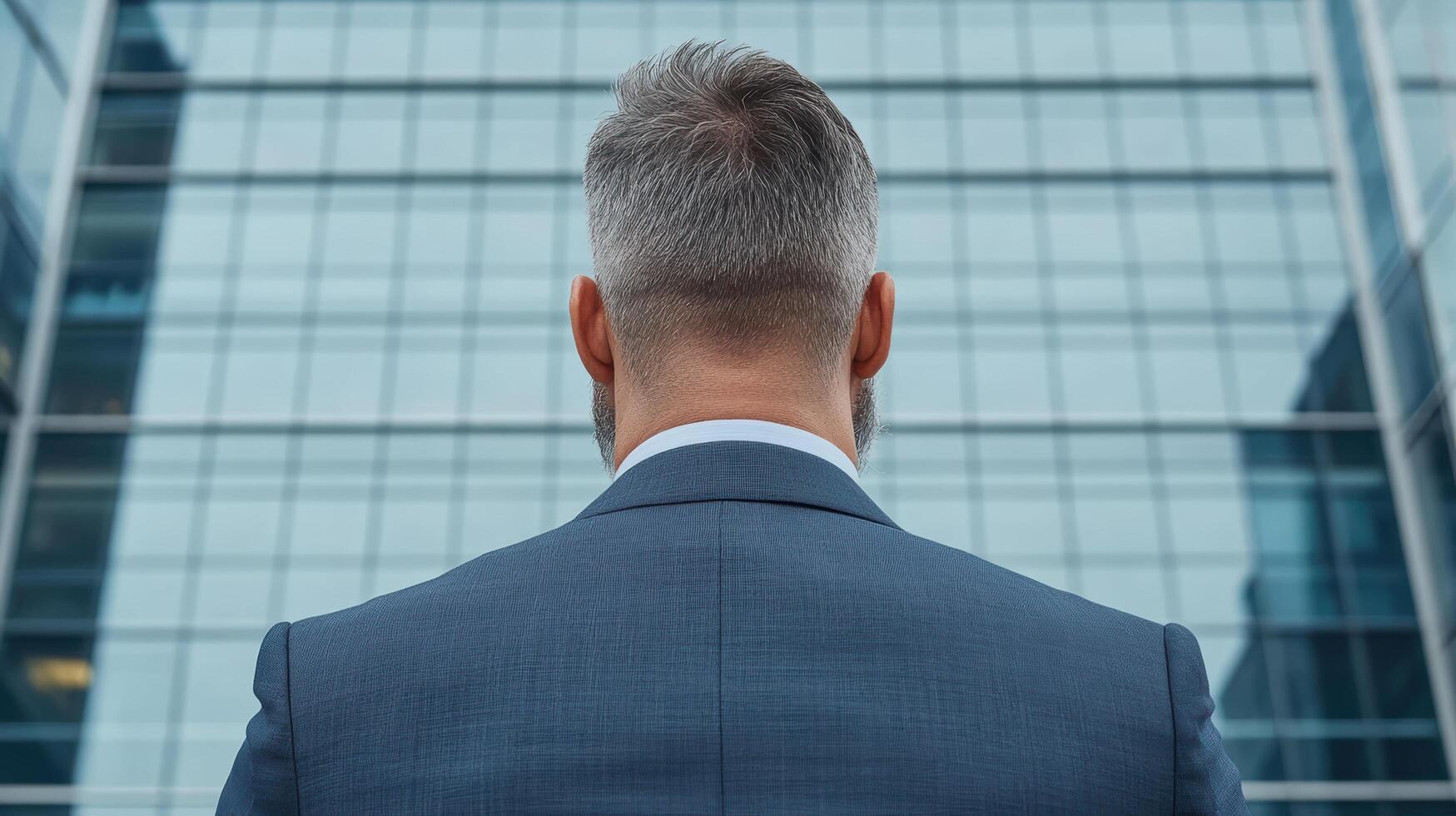 A man in a suit and tie looking at a building photo