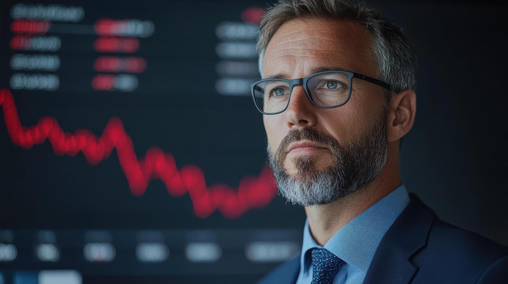 A man in a suit and glasses looking at a stock chart photo