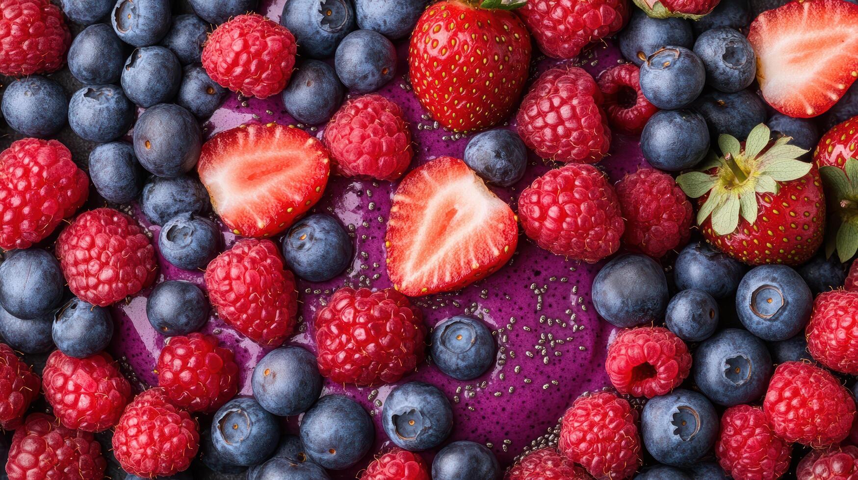 Berries and blueberries are scattered on a table photo