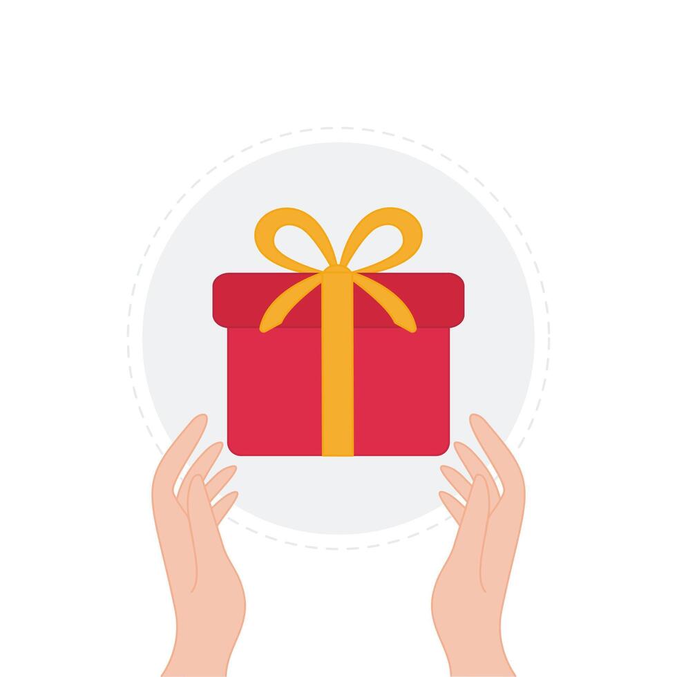 Human hand holding red gift box with yellow bow. Birthday symbol. illustration vector