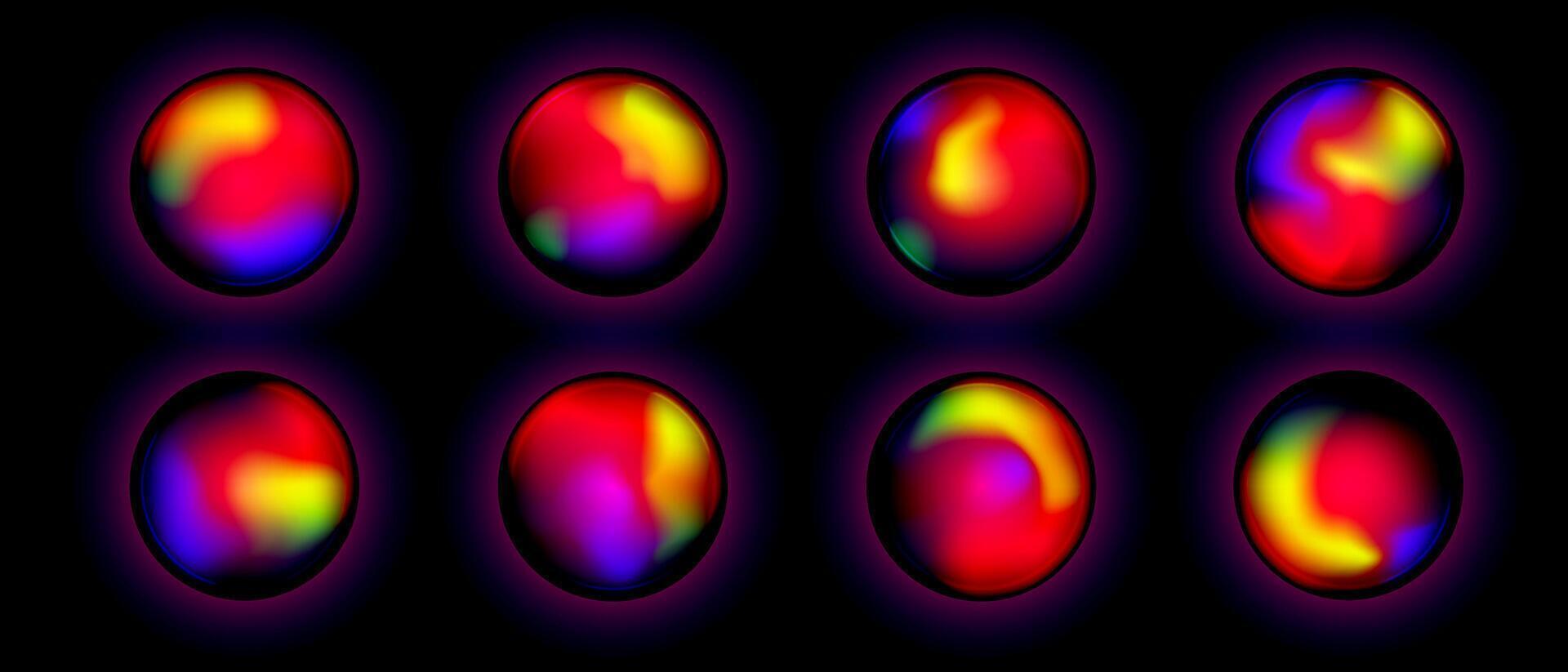 Magic sphere orb energy balls glowing neon glow on black background set, illustration fluid energy gradient ball vector