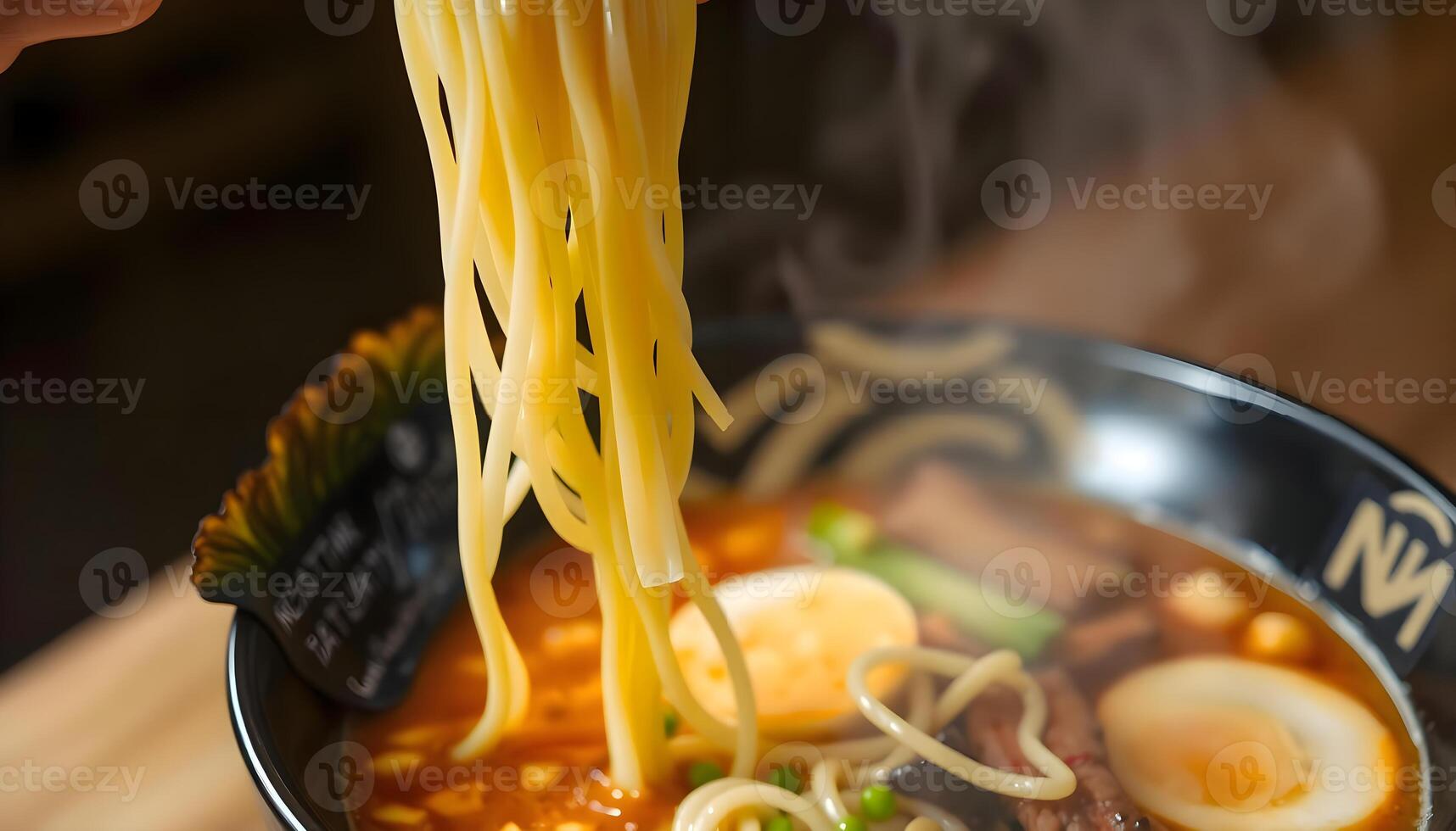 a bowl of ramen with chopsticks sticking out of it photo