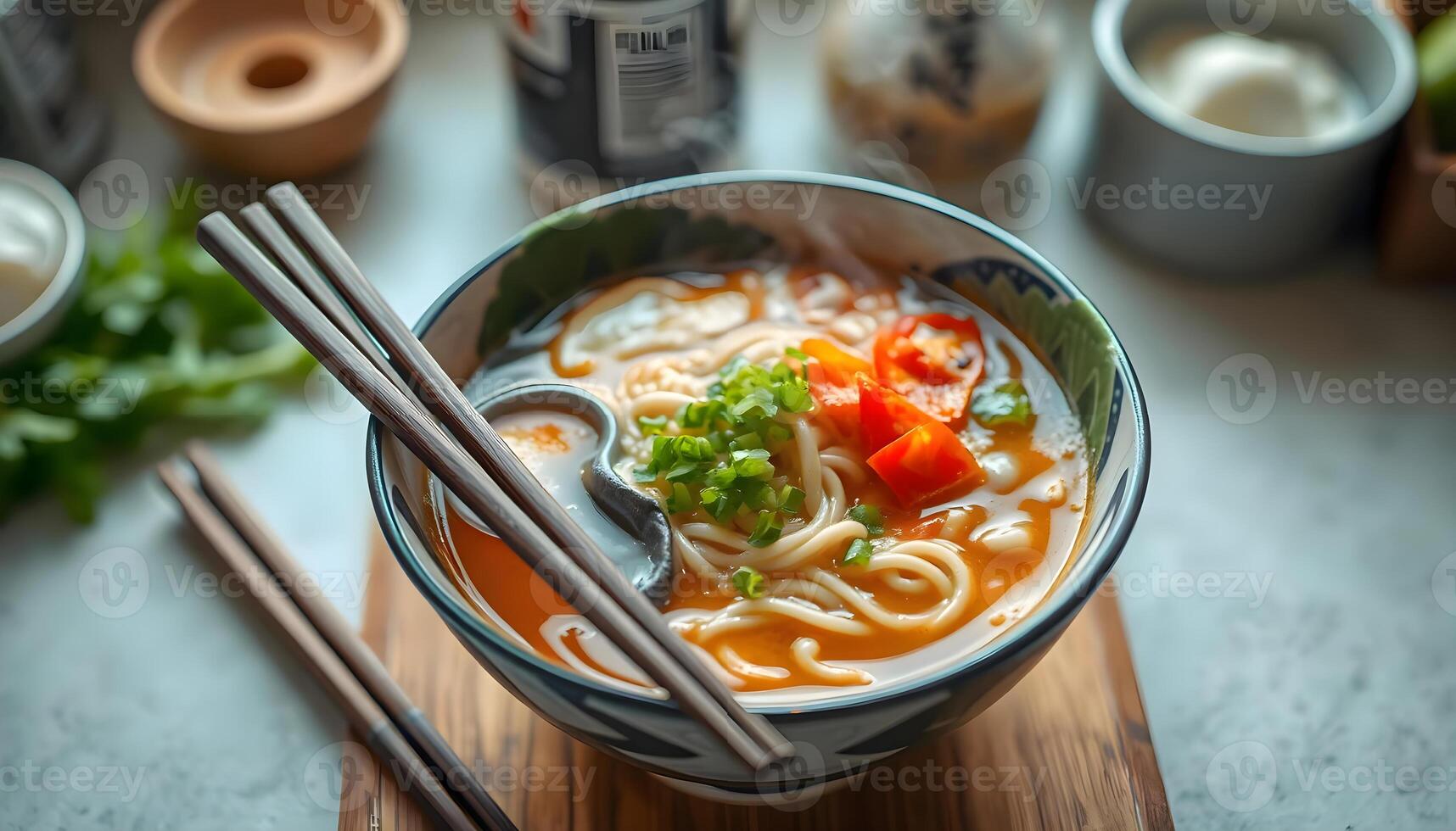 a bowl of soup with chopsticks on a cutting board photo