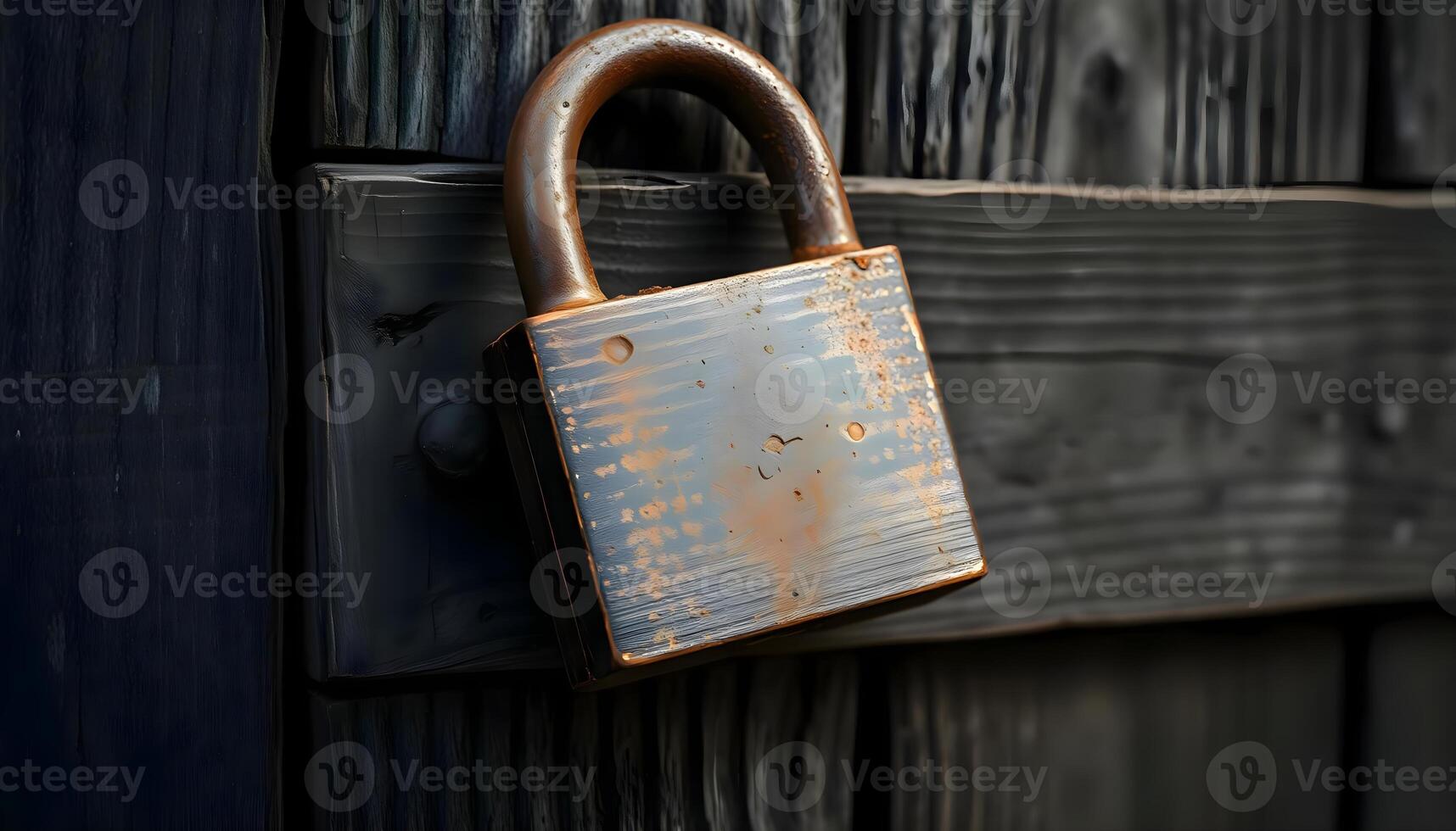 a rusty padlock on a wooden door photo