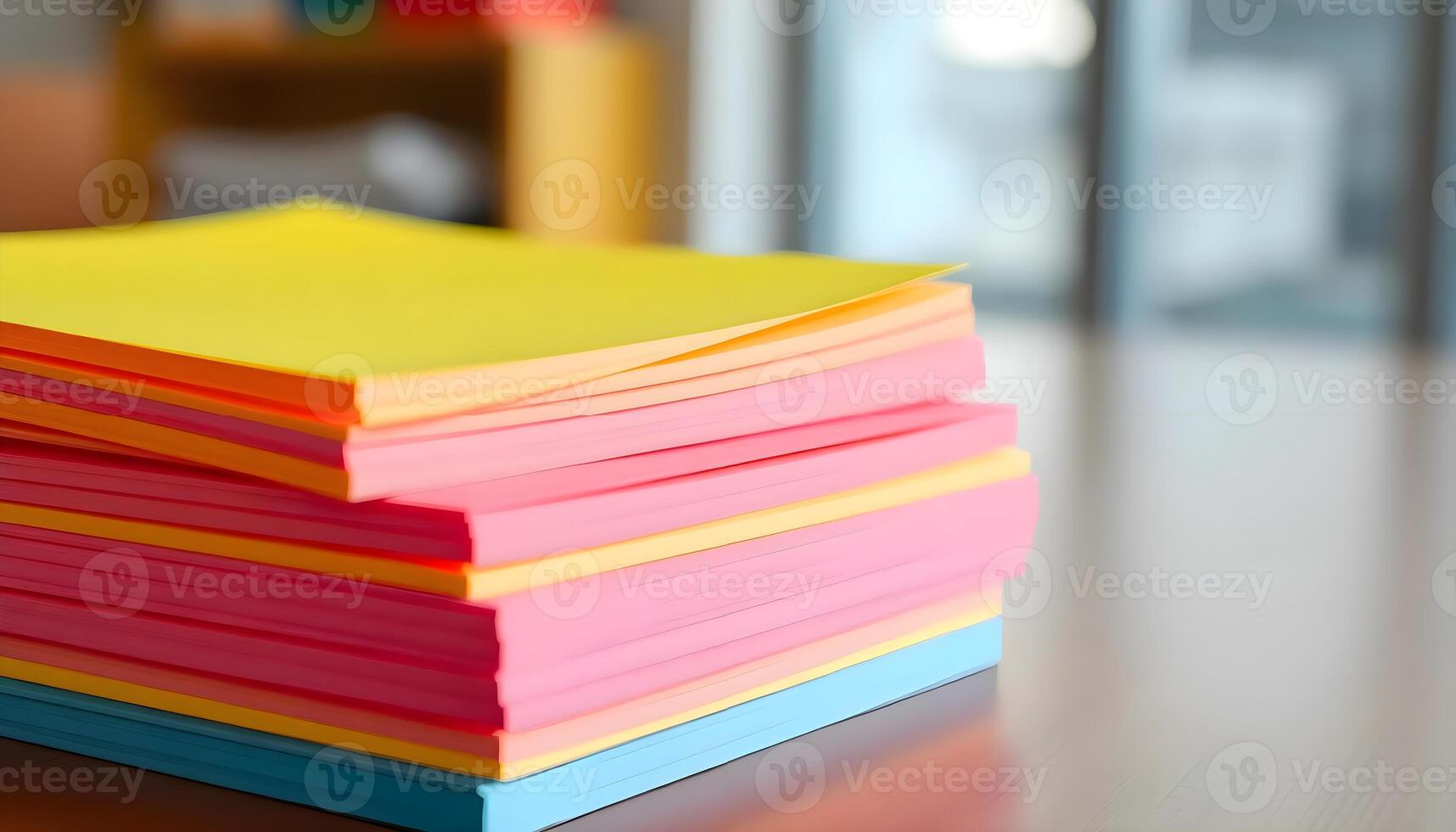 a stack of colored papers sitting on top of a wooden table photo