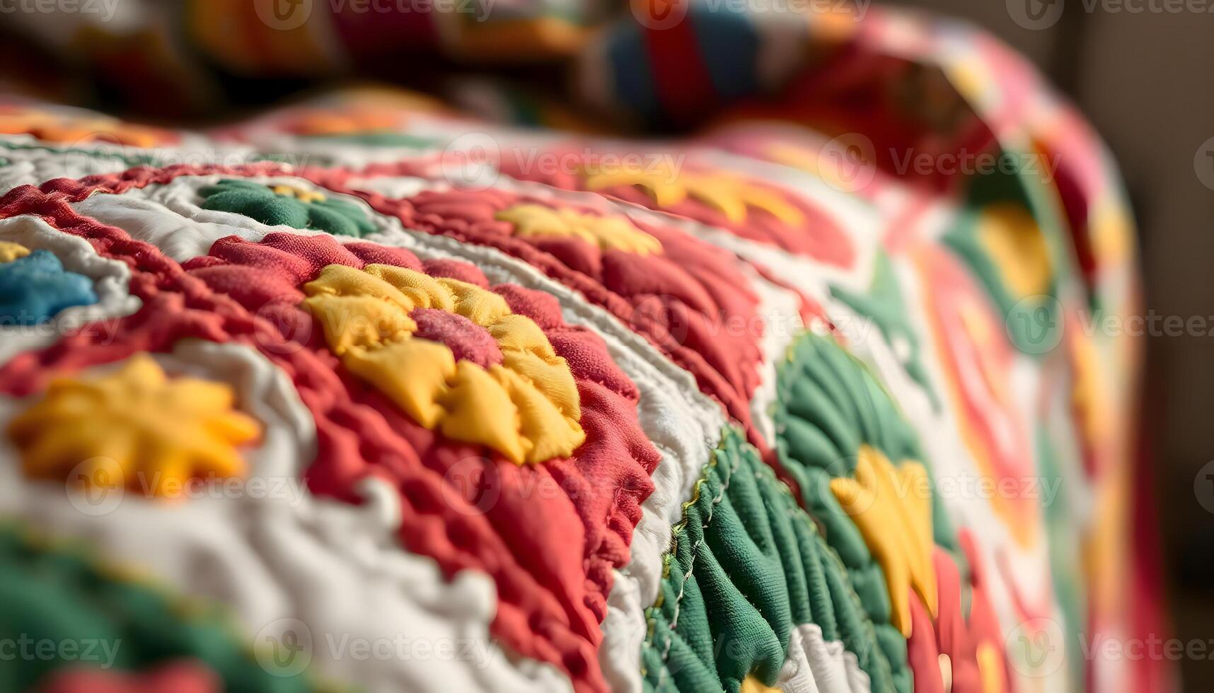 a close up of a colorful quilt on a bed photo
