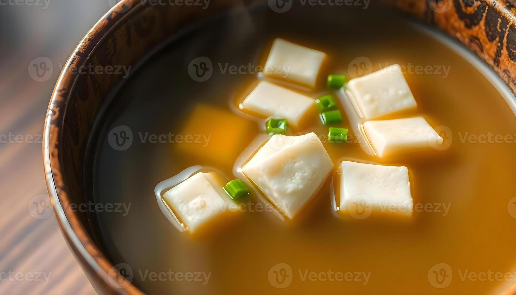 a bowl of soup with tofu cubes and green onions photo
